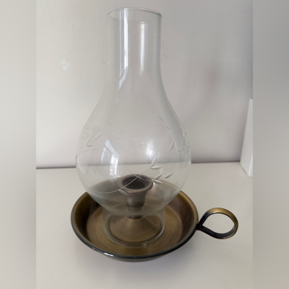 Vintage Glass Oil Lamp Hurricane Style with Brass Base - Picture 2 of 5